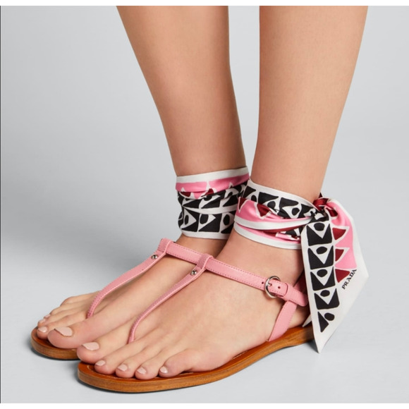 Prada Pink Leather Sandals with Printed Scarf Tie Size 38.5 Designer Flat Thong - Picture 2 of 9